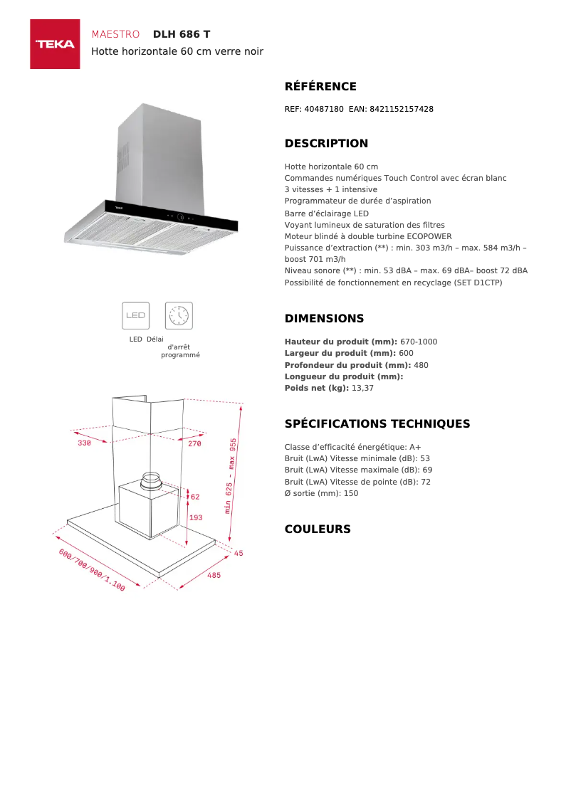 Page 1 de la notice Fiche technique Teka DLH 686 T
