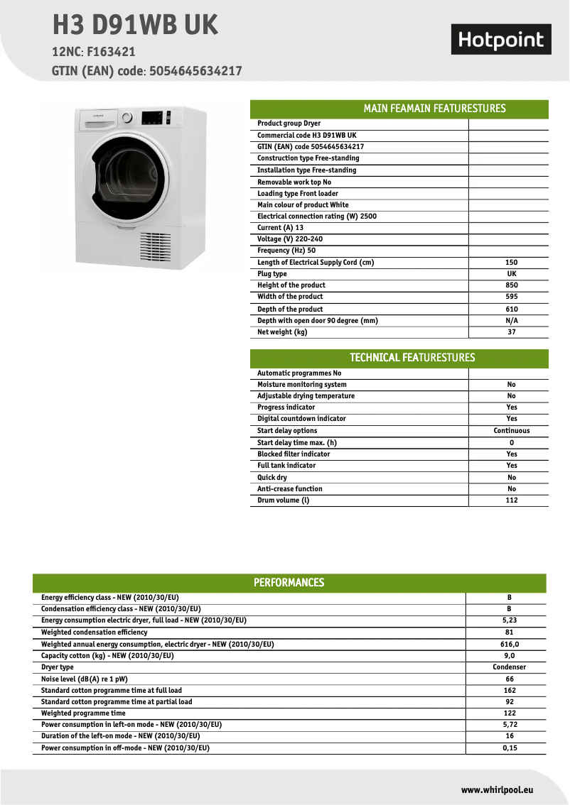 Image de la première page du manuel de l'appareil H3 D91WB UK