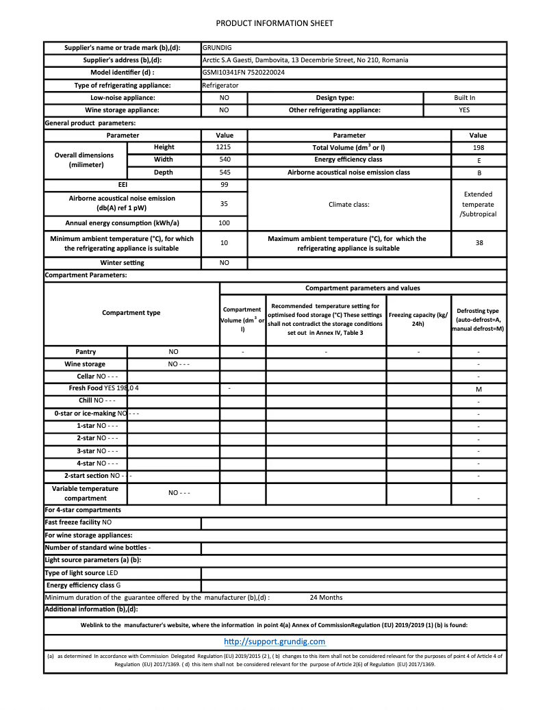 Page 1 de la notice Fiche technique Grundig GSMI10341FN