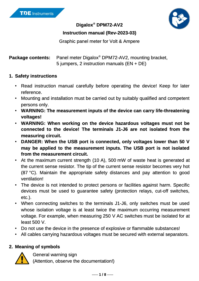 Page 1 de la notice Manuel utilisateur TDE Instruments Digalox DPM72-AV