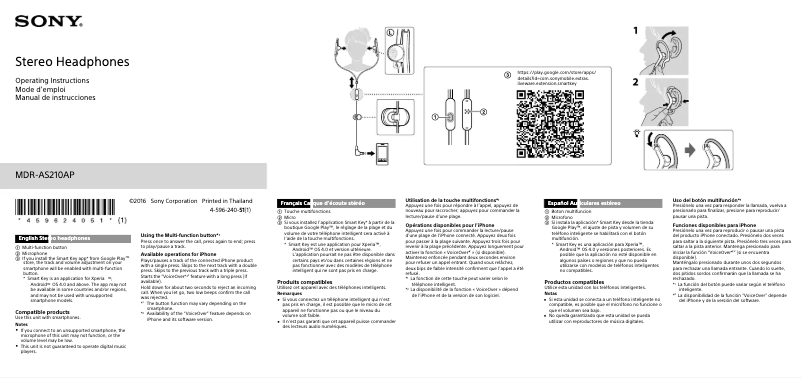 Page n°1 - Manuel utilisateur Sony MDR-AS210AP