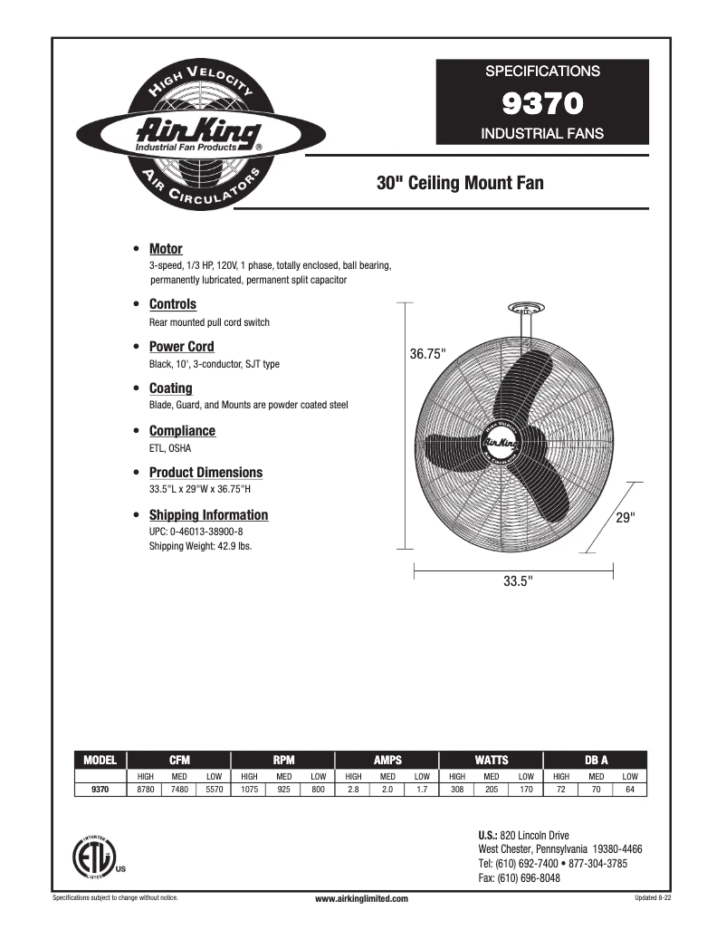 Página 1 del manual Ficha técnica Air King 9370
