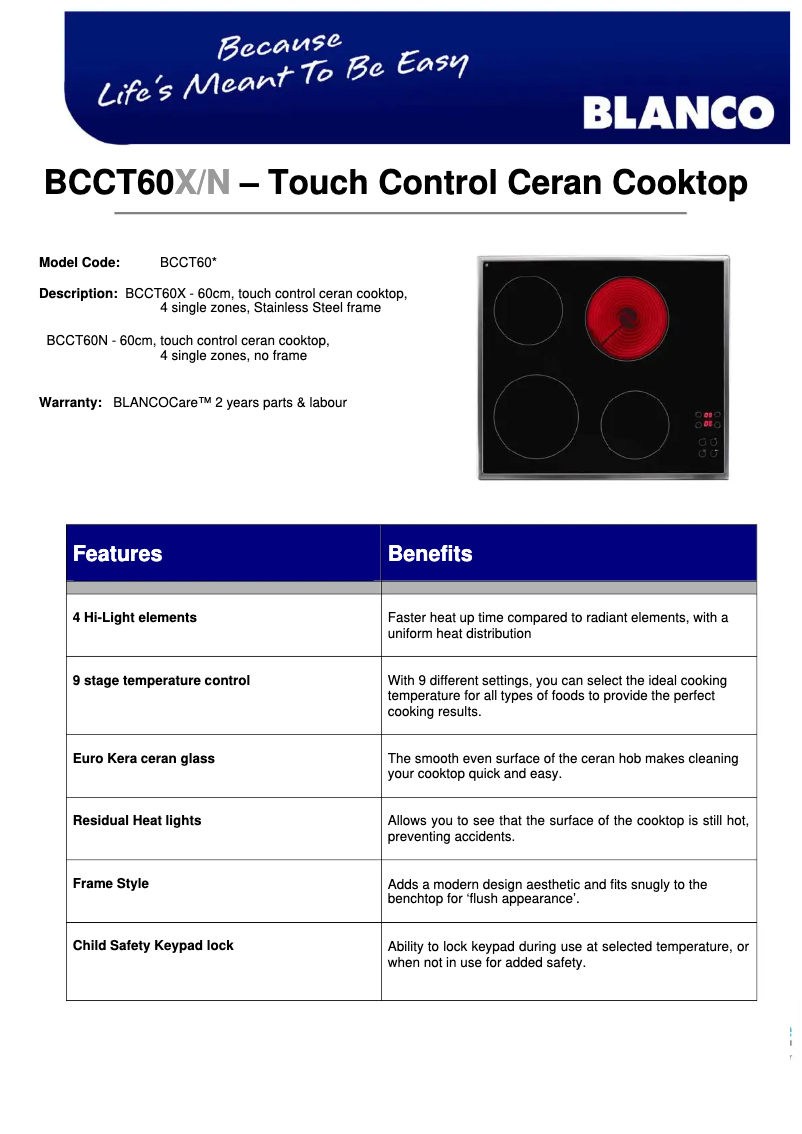 Page 1 of the manual Technical Sheet BLANCO BCCT60X