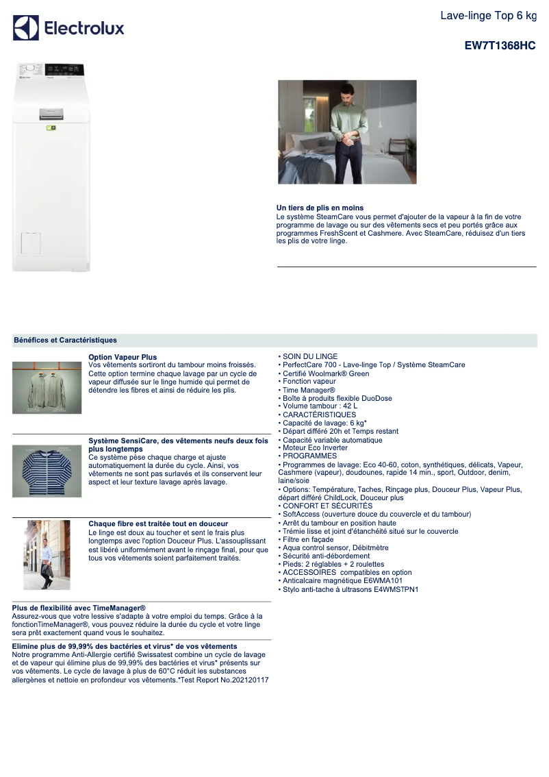 Page 1 de la notice Fiche technique Electrolux EW7T1368HC