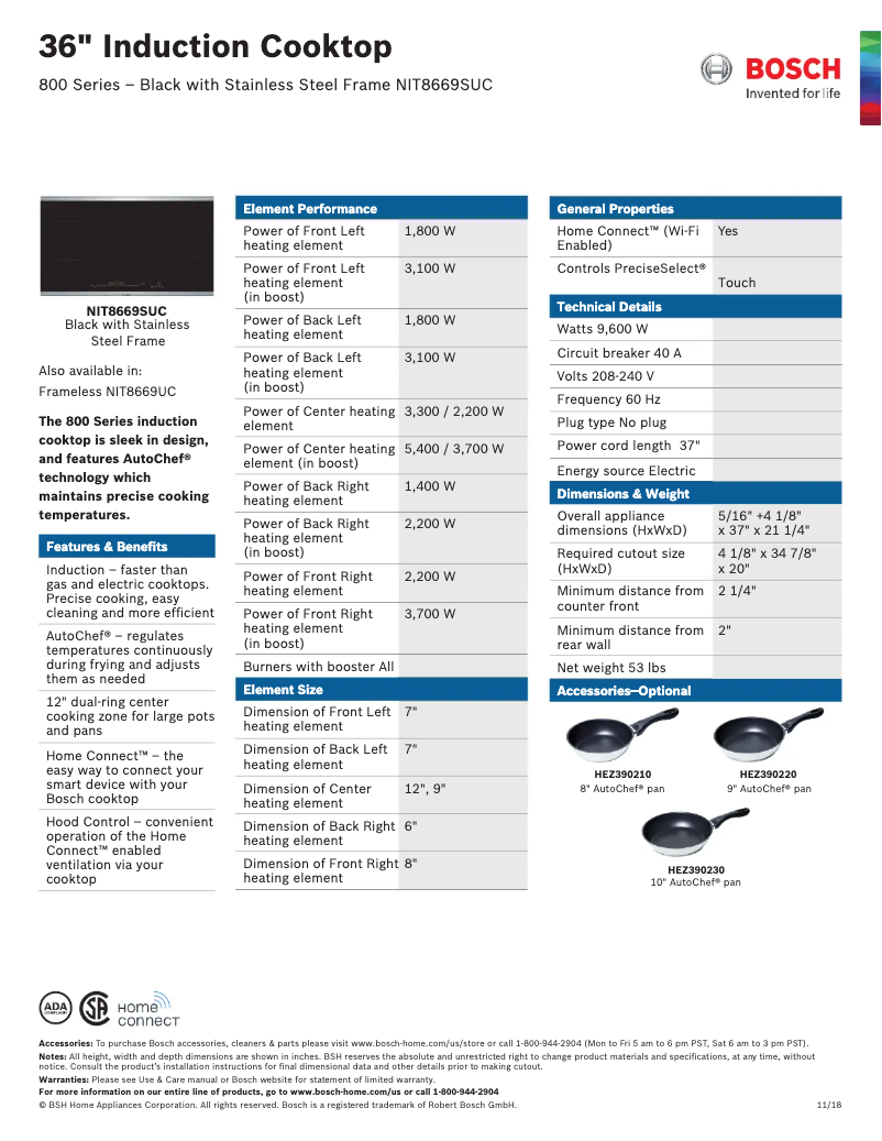 Page 1 de la notice Fiche technique Bosch NIT8669SUC