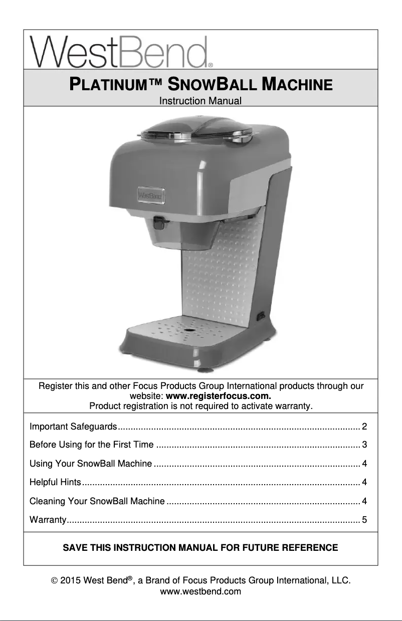Image de la première page du manuel de l'appareil Platinum Snow Ball Machine 65042