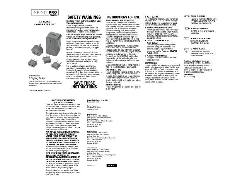 Page 1 de la notice Manuel utilisateur Conair TS705IP