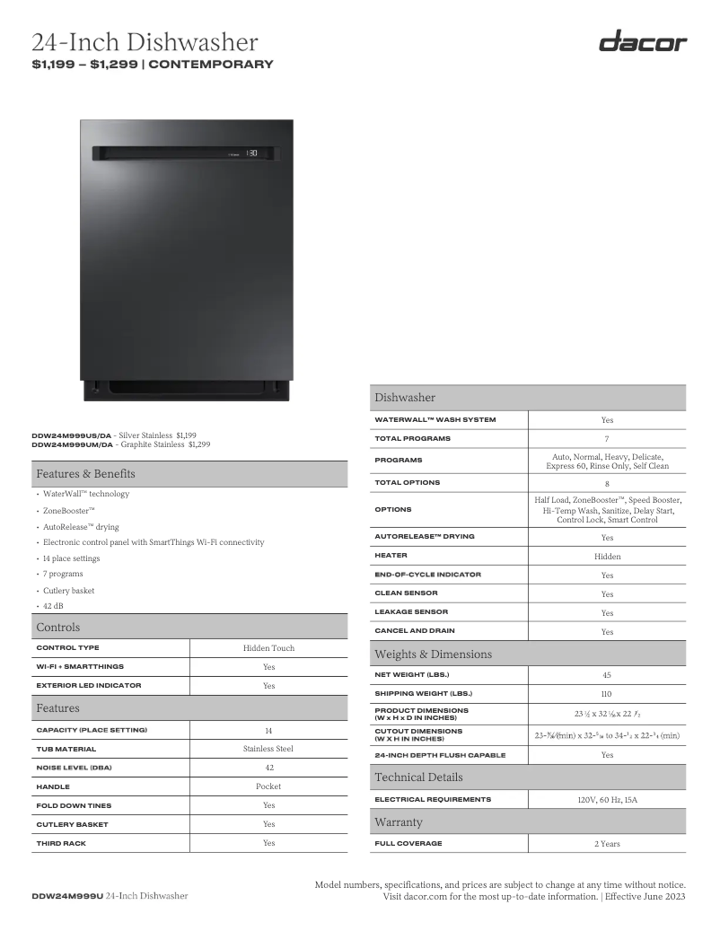 Page 1 de la notice Fiche technique Dacor DDW24M999UM