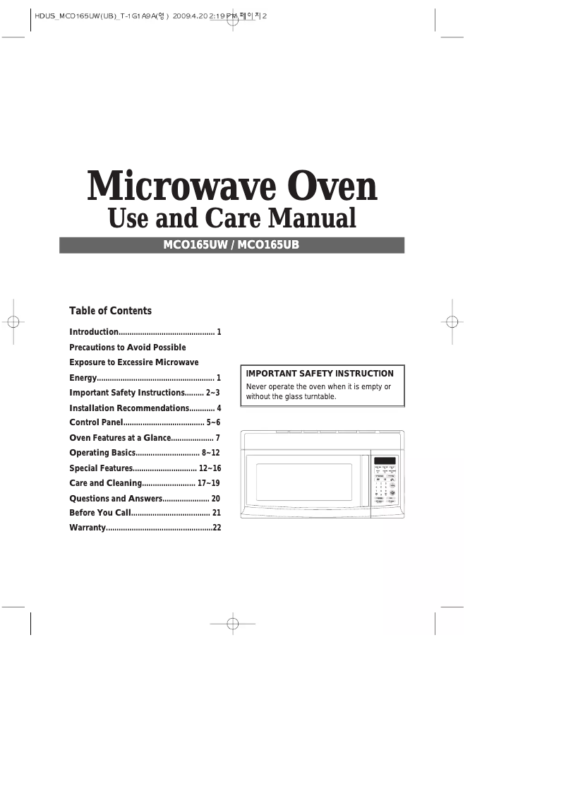 Page 1 de la notice Manuel utilisateur Magic Chef MCO165UB