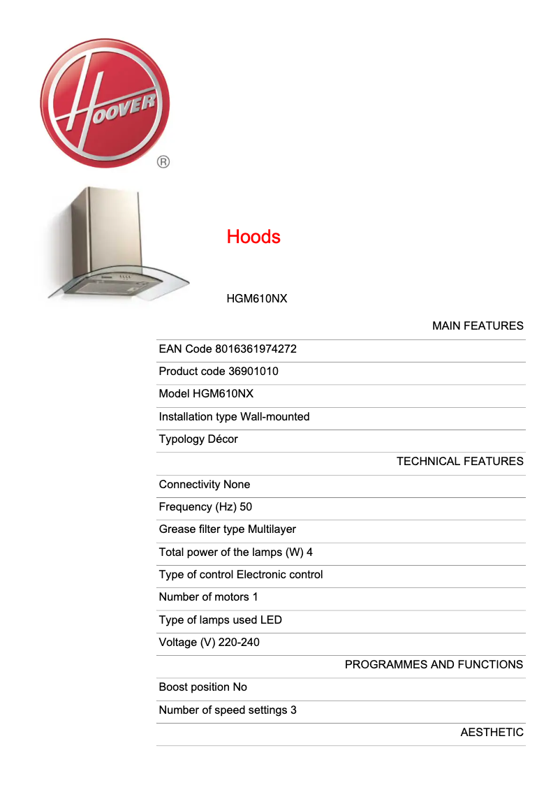 Page n°1 - Fiche technique Hoover HGM610NX
