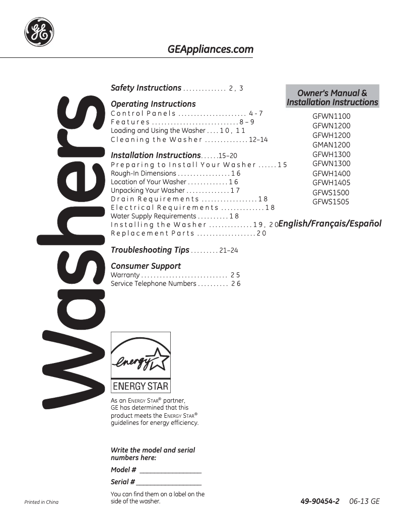 Page n°1 - Guide d'installation GE GFWN1100LWW