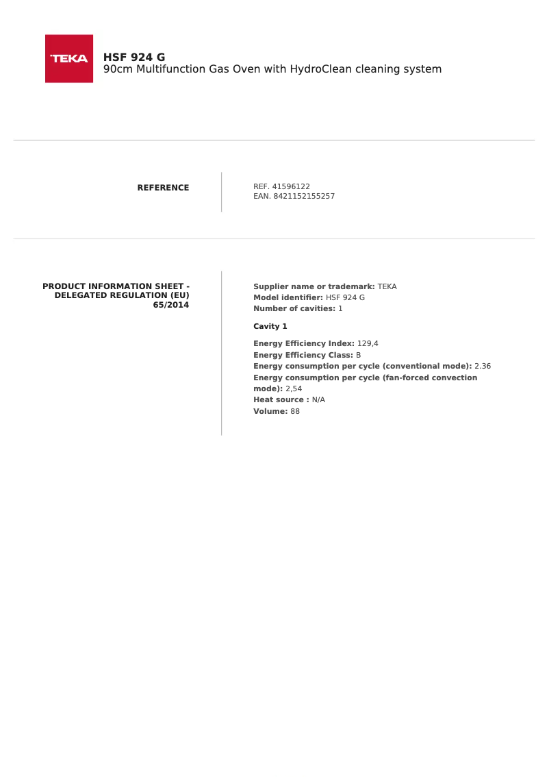 Page 1 de la notice Fiche technique Teka HSF 924