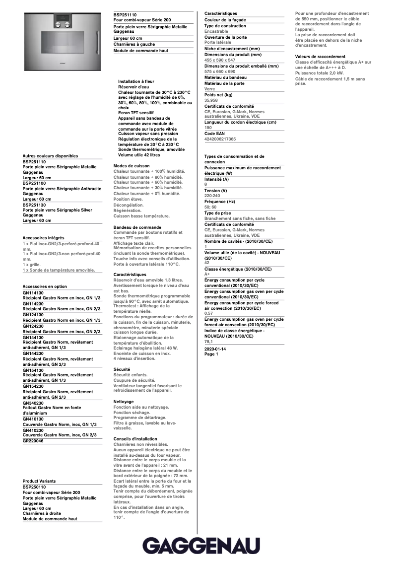 Página 1 del manual Ficha técnica Gaggenau BSP251110