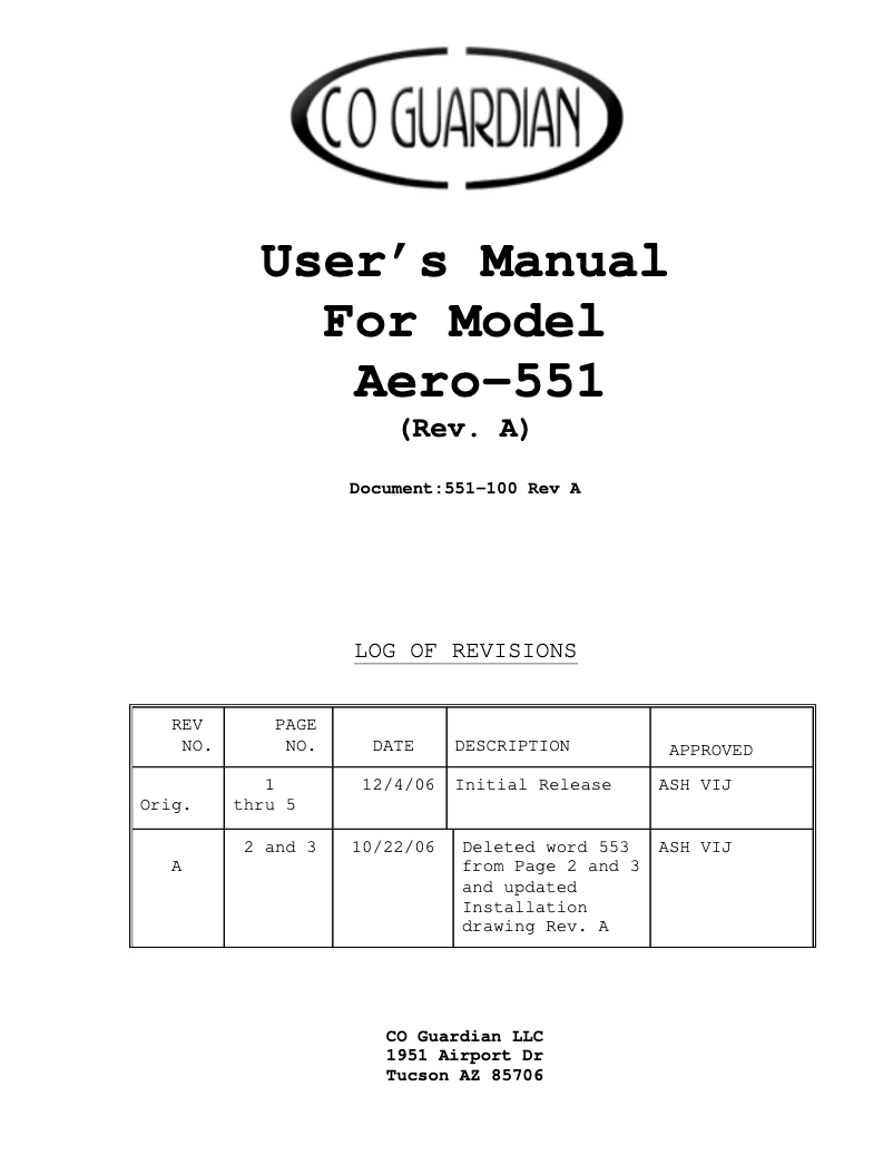 Page n°1 - Manuel utilisateur Guardian Avionics 551-101-002