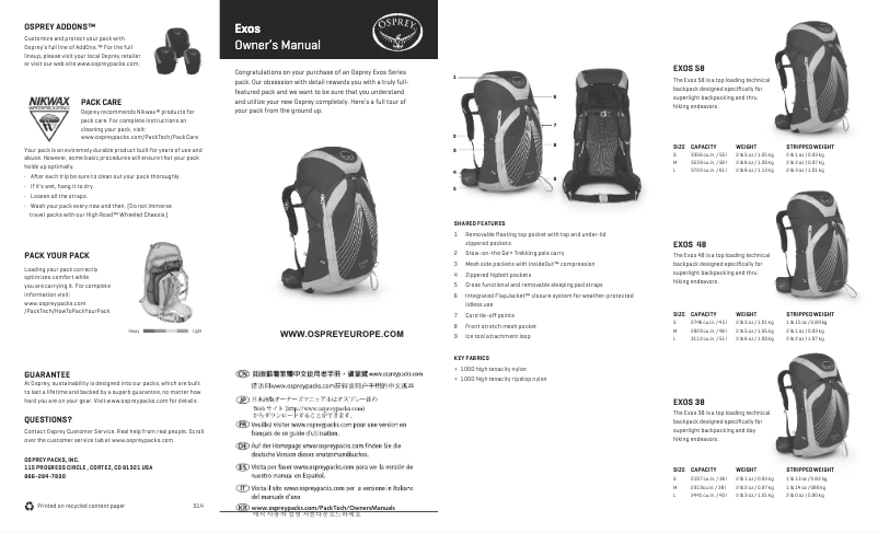 Page 1 de la notice Manuel utilisateur Osprey Exos 58