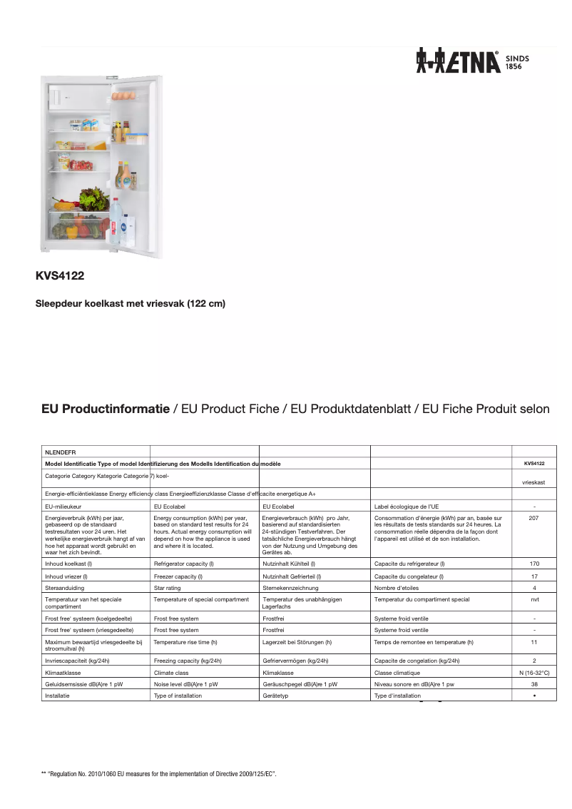 Page 1 de la notice Fiche technique Etna KVS4122
