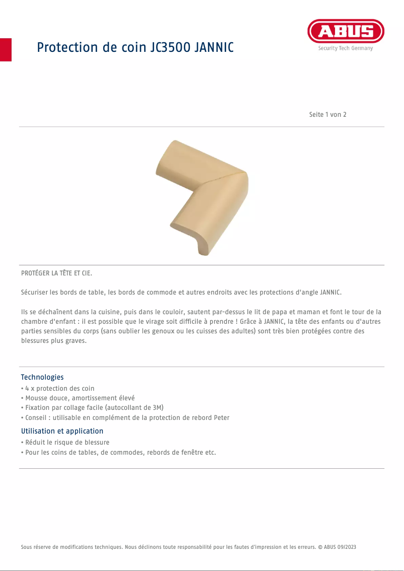 Page n°1 - Fiche technique Abus JC3500