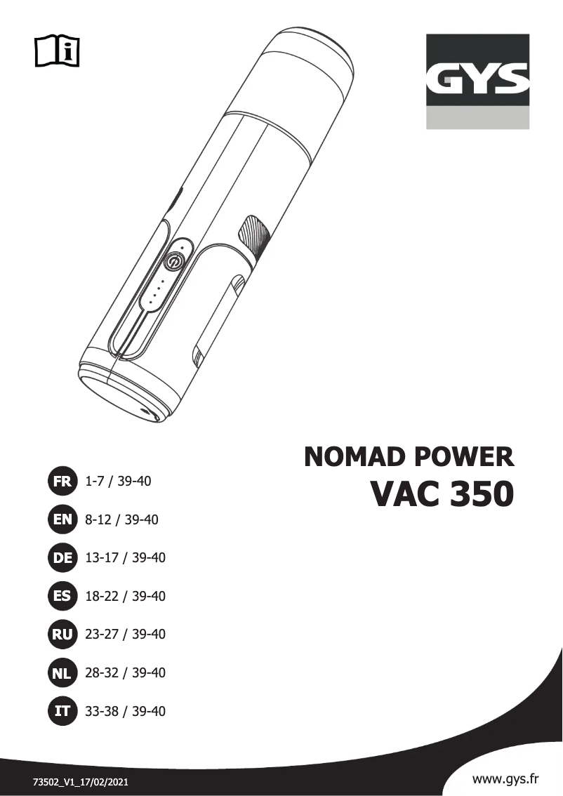 Page 1 de la notice Manuel utilisateur GYS Nomad Power VAC 350