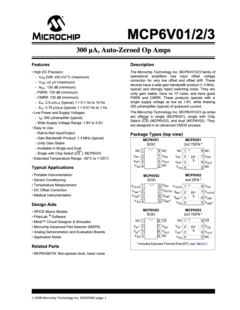 Page 1 de la notice Fiche technique Microchip MCP6V01
