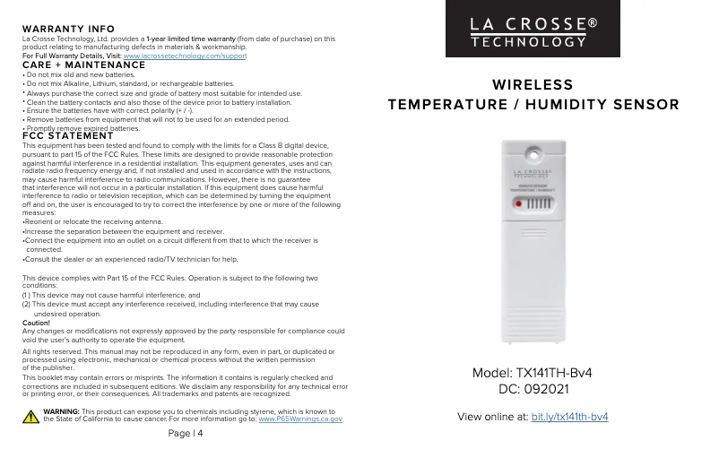 Page 1 de la notice Manuel utilisateur La Crosse Technology TX141TH-BV4