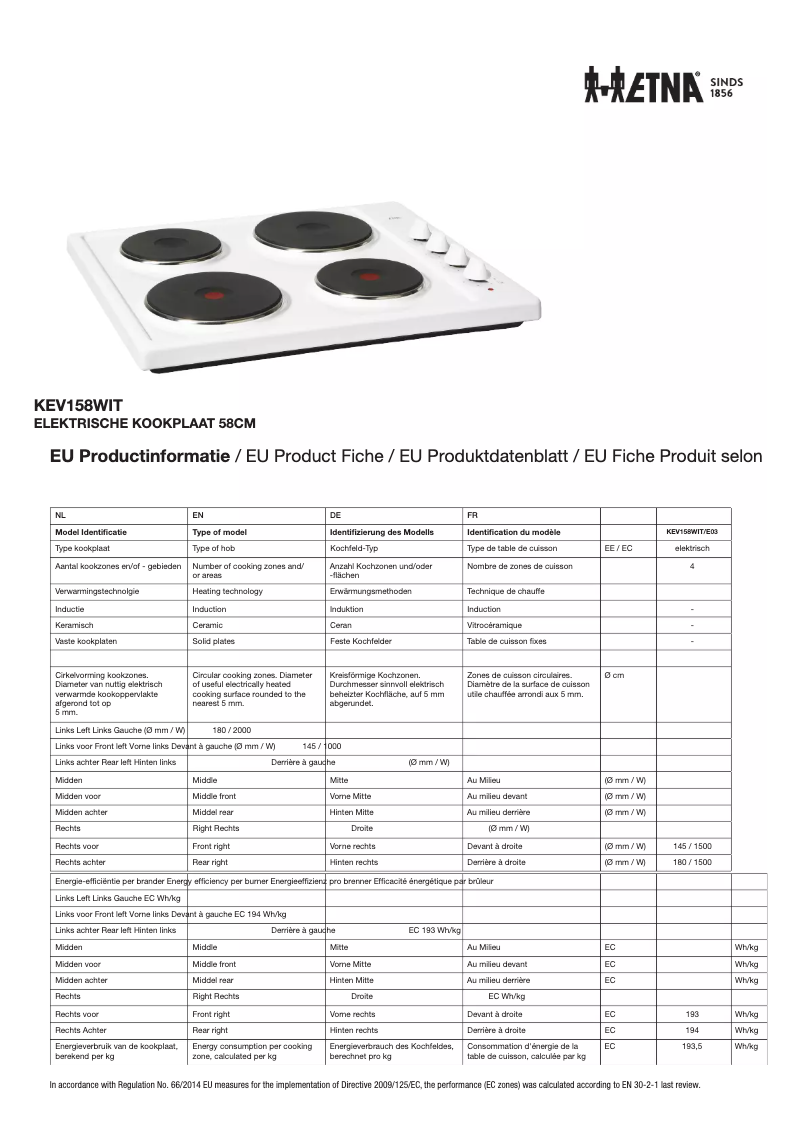 Page n°1 - Fiche technique Etna KEV158WIT