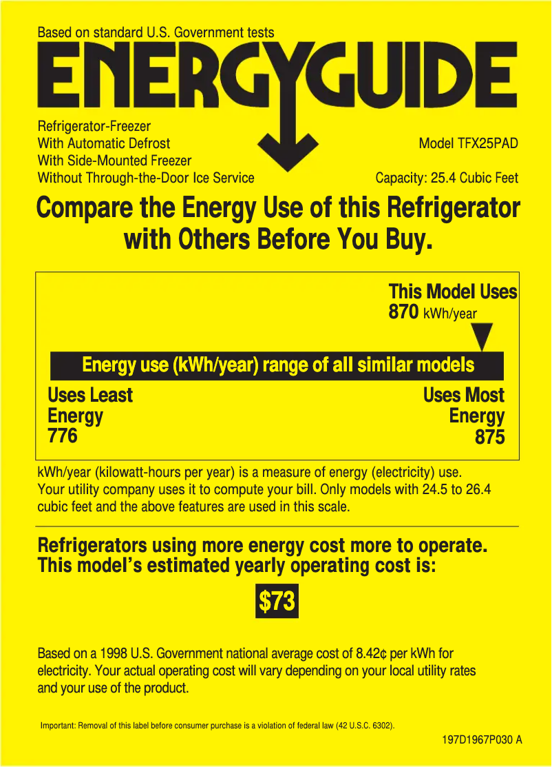 Page 1 of the manual Energy Label GE Profile TFX25PADBB