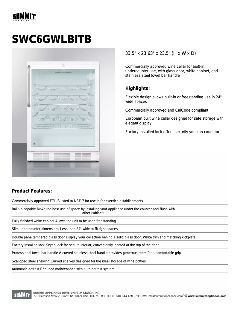 Page 1 de la notice Fiche technique Summit SWC6GWLBITB