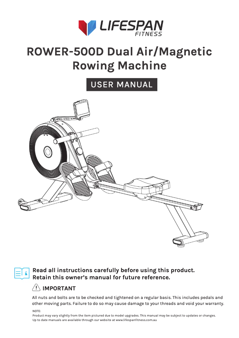 Page n°1 - Manuel utilisateur LifeSpan ROWER-500D