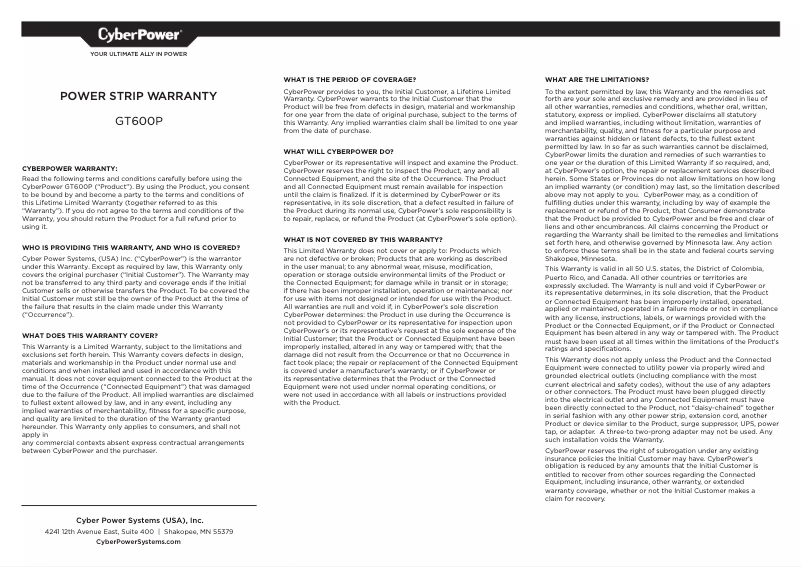 Page 1 de la notice Informations de garantie CyberPower GT600P