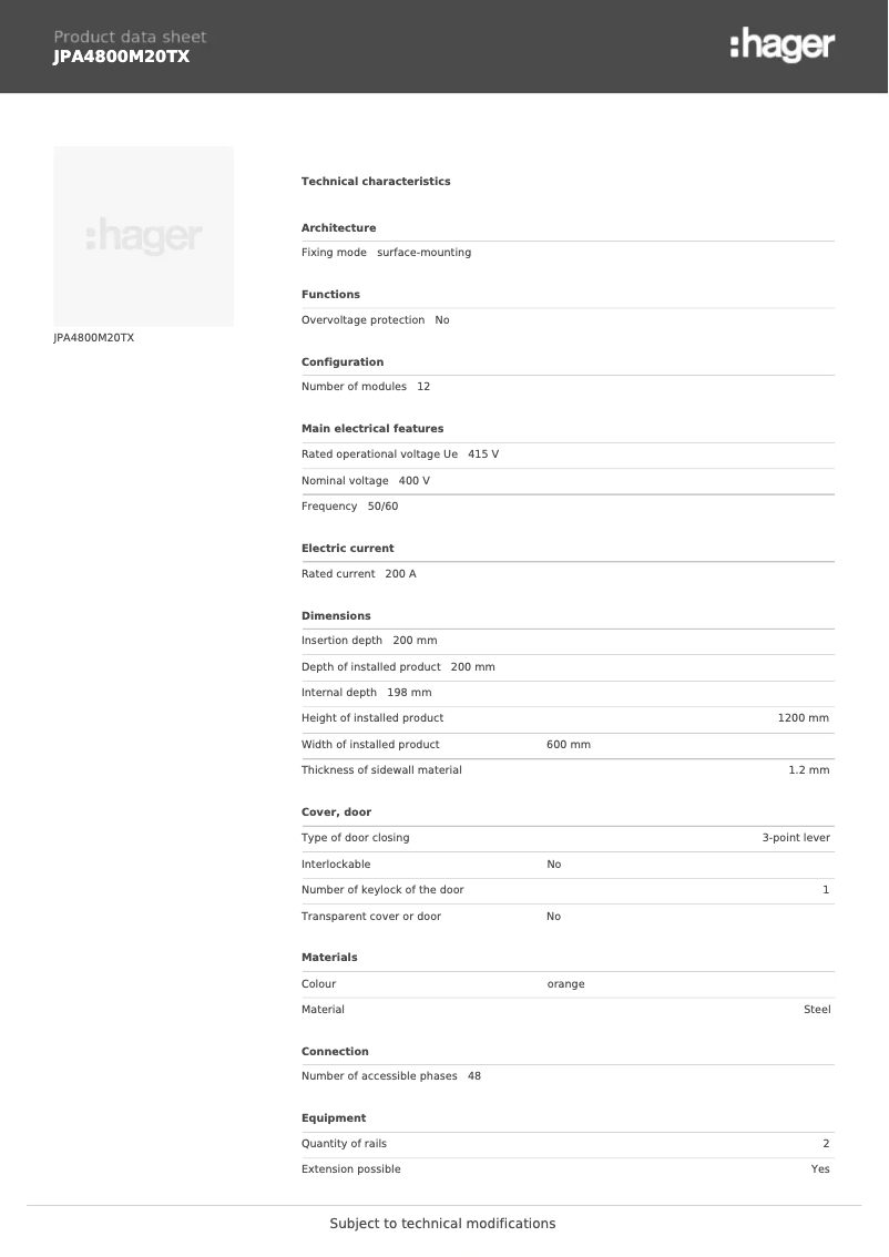 Page n°1 - Fiche technique Hager JPA4800M20TX