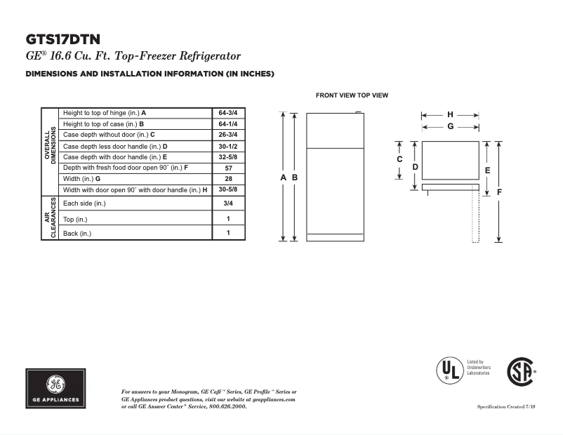 Page 1 de la notice Fiche technique GE GTS17DTNRWW