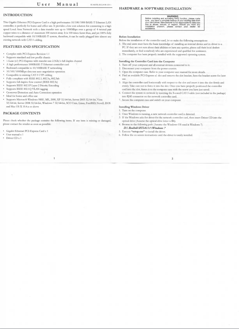 Page 1 de la notice Manuel utilisateur Syba SD-PEX24009