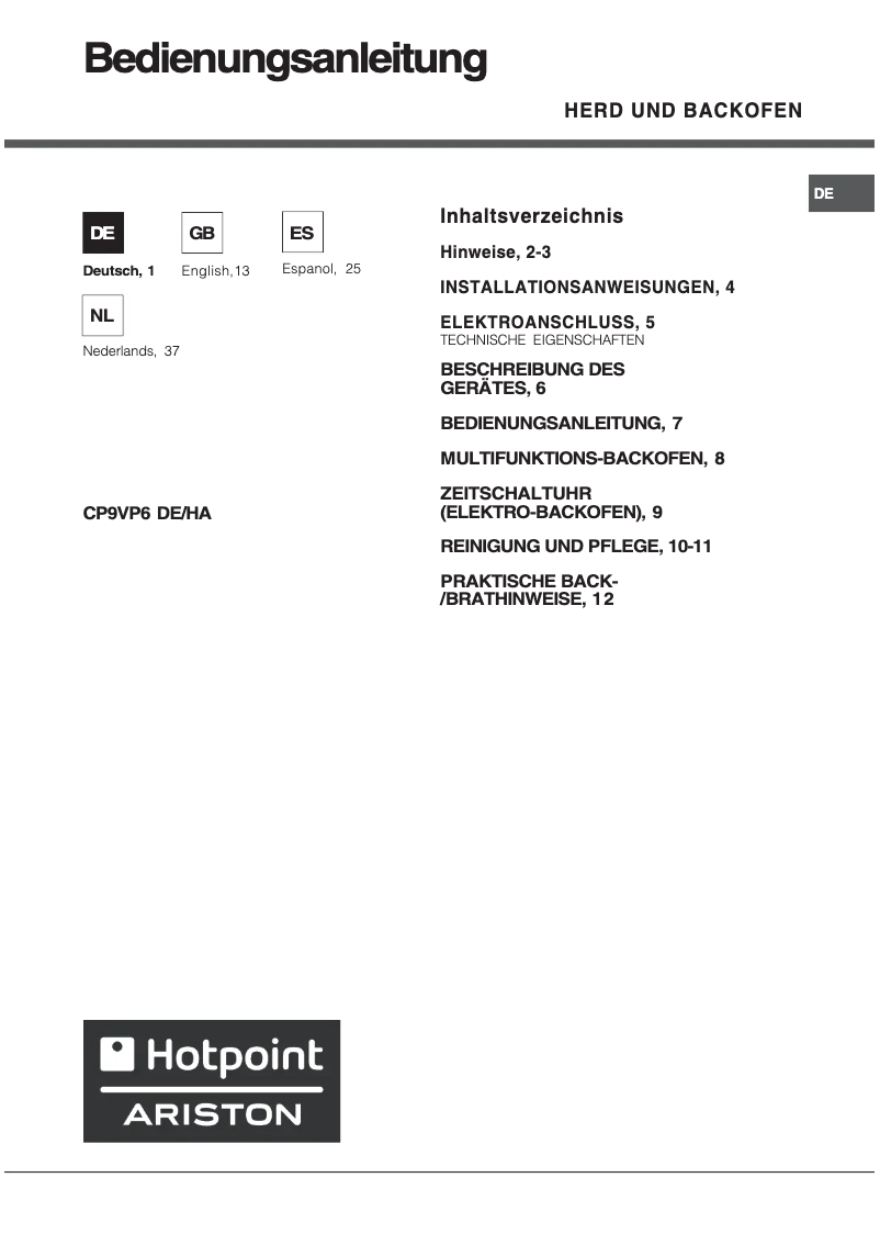 Page 1 of the manual User Manual Hotpoint CP9VP6 DE/HA