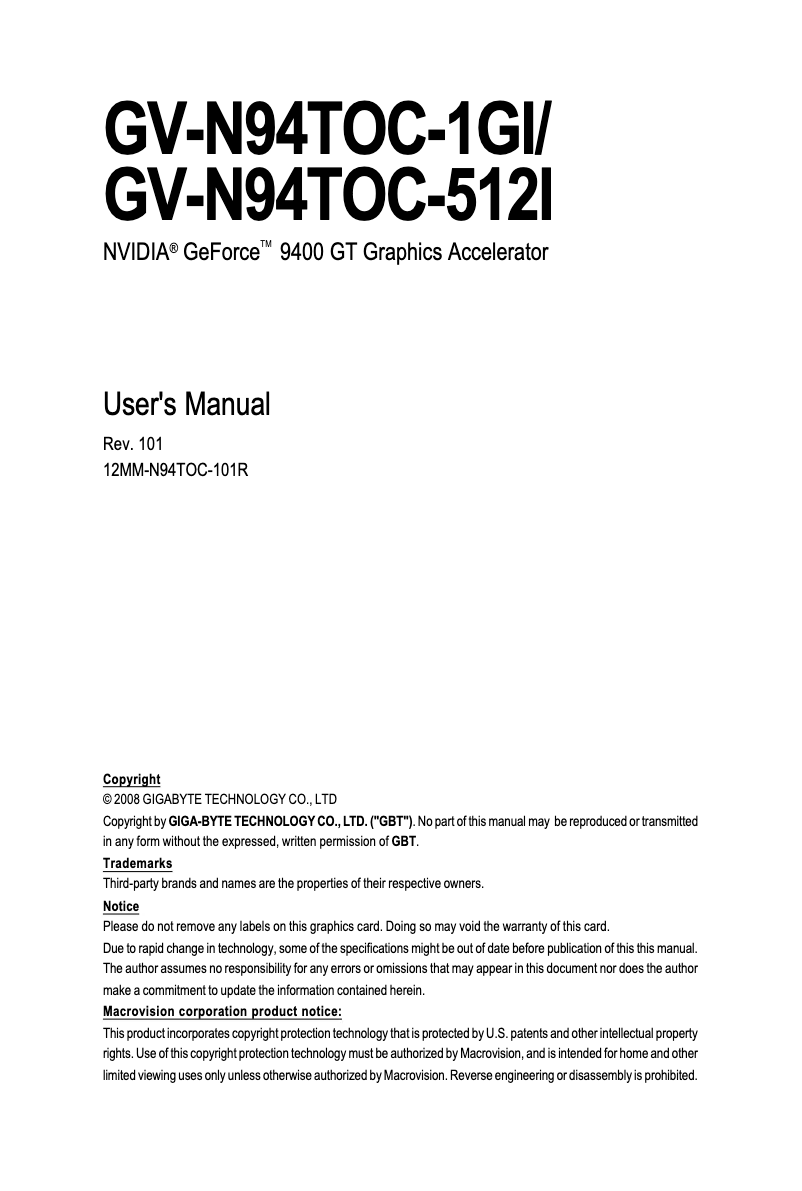 Page 1 de la notice Manuel utilisateur Gigabyte GV-N94TOC-512I