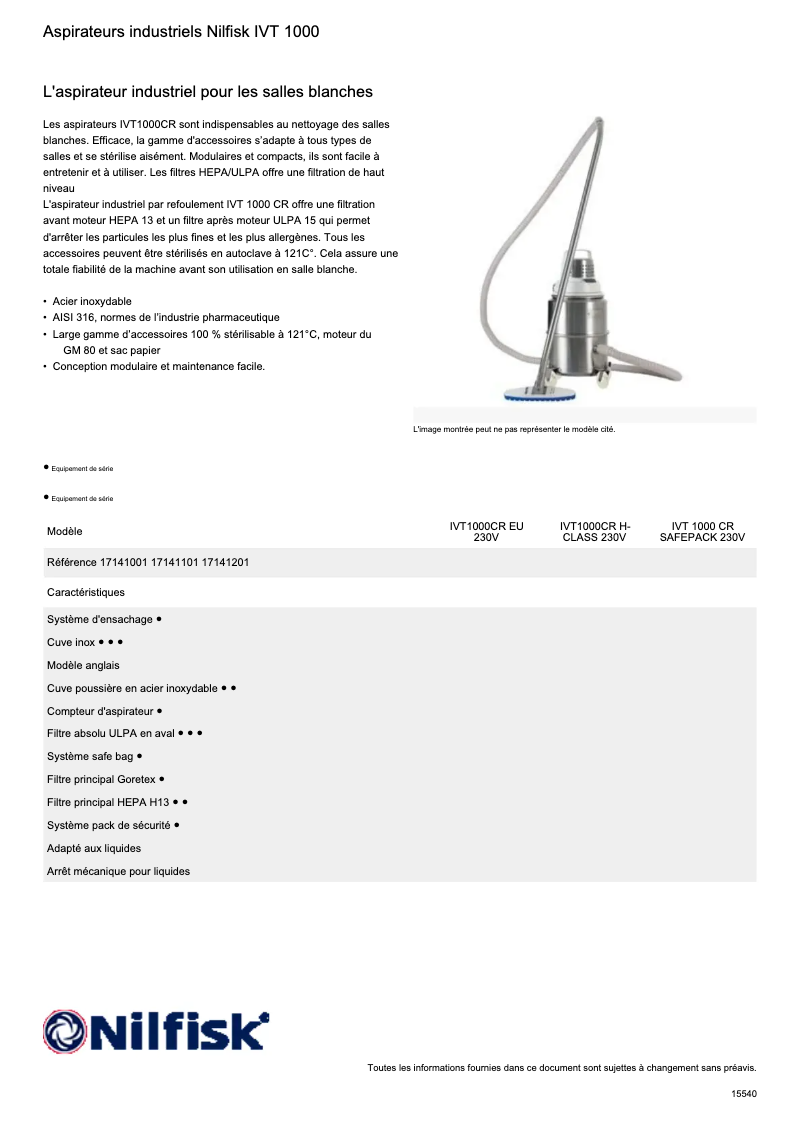 Page 1 de la notice Fiche technique Nilfisk IVT1000