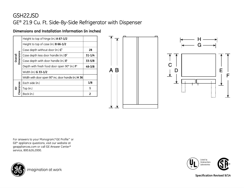 Page 1 de la notice Fiche technique GE GSH22JSDSS