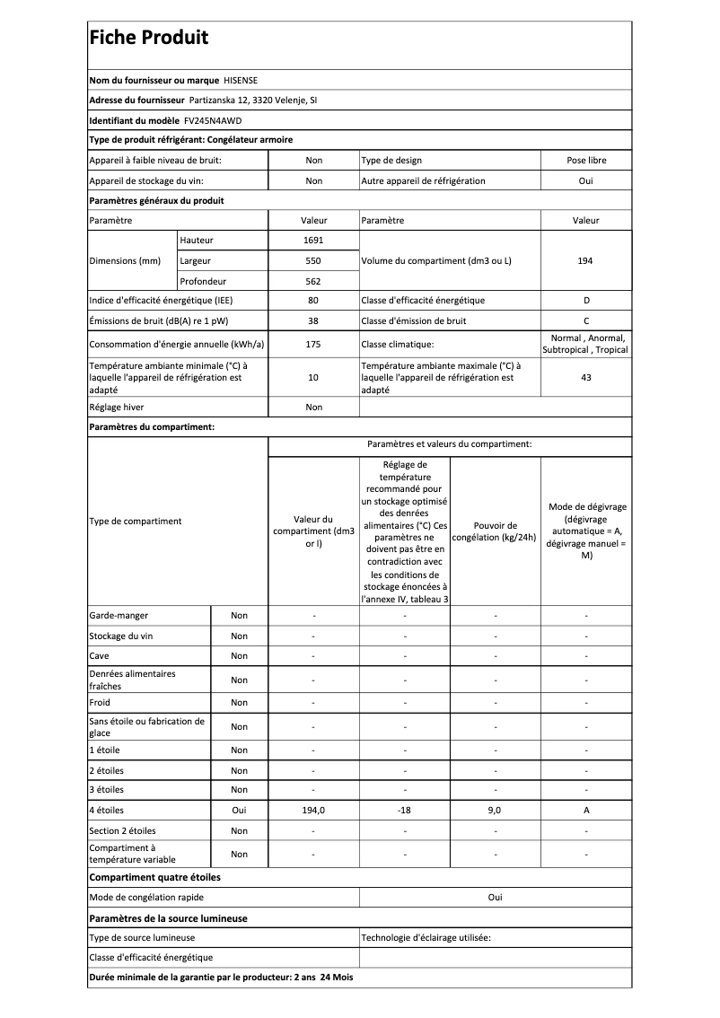 Page 1 de la notice Manuel utilisateur Hisense FV245N4AWD