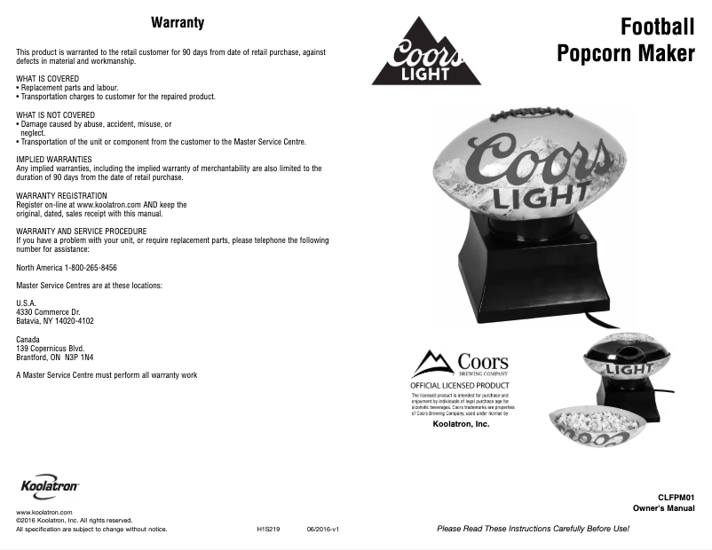 Page n°1 - Manuel utilisateur Coors CLFPM01