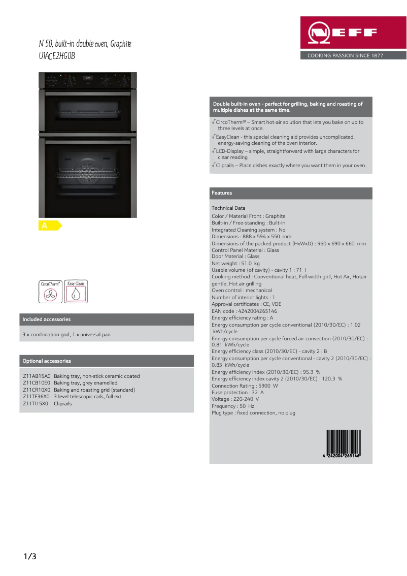 Page 1 de la notice Fiche technique Neff U1ACE2HG0B