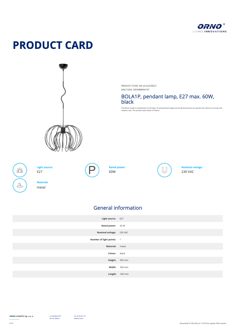 Page 1 de la notice Fiche technique Adviti AD-LD-6221BE27