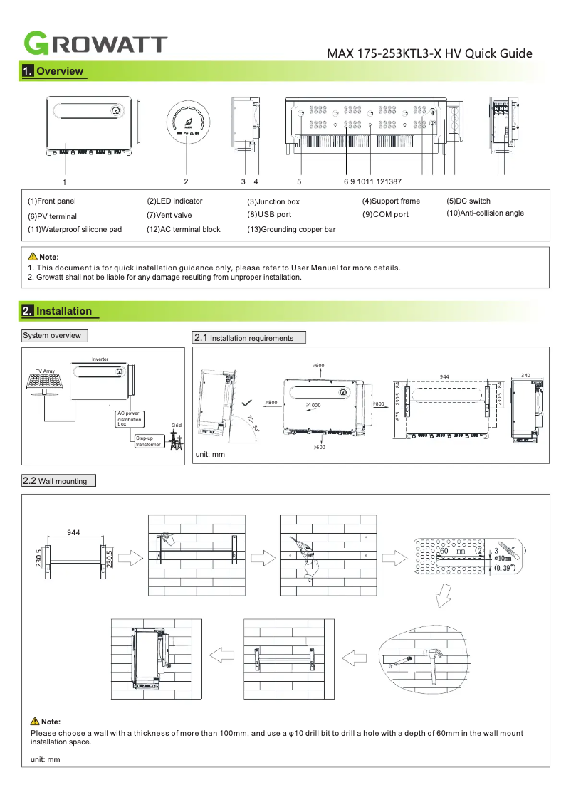 Page 1 de la notice Guide de démarrage rapide Growatt MAX 185-253KTL3-X HV