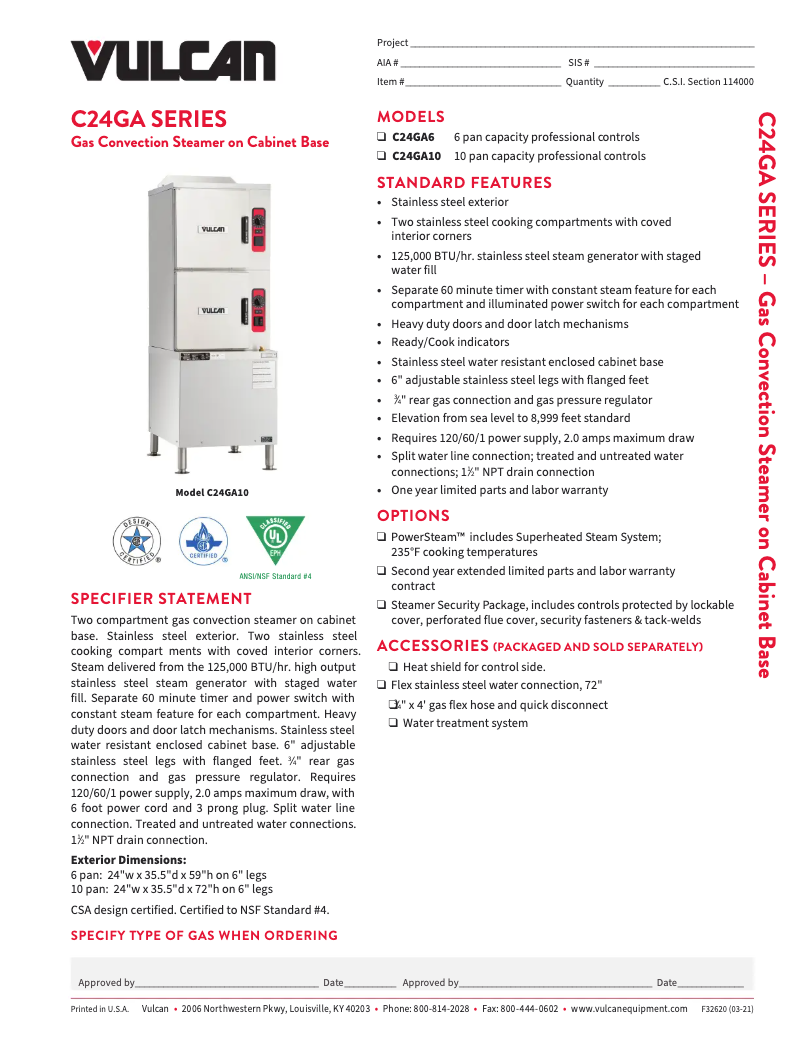 Page 1 de la notice Fiche technique Vulcan C24GA6 PS