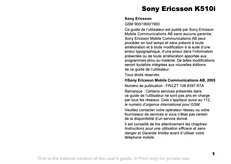 Page 1 de la notice Manuel utilisateur Sony Ericsson K510i