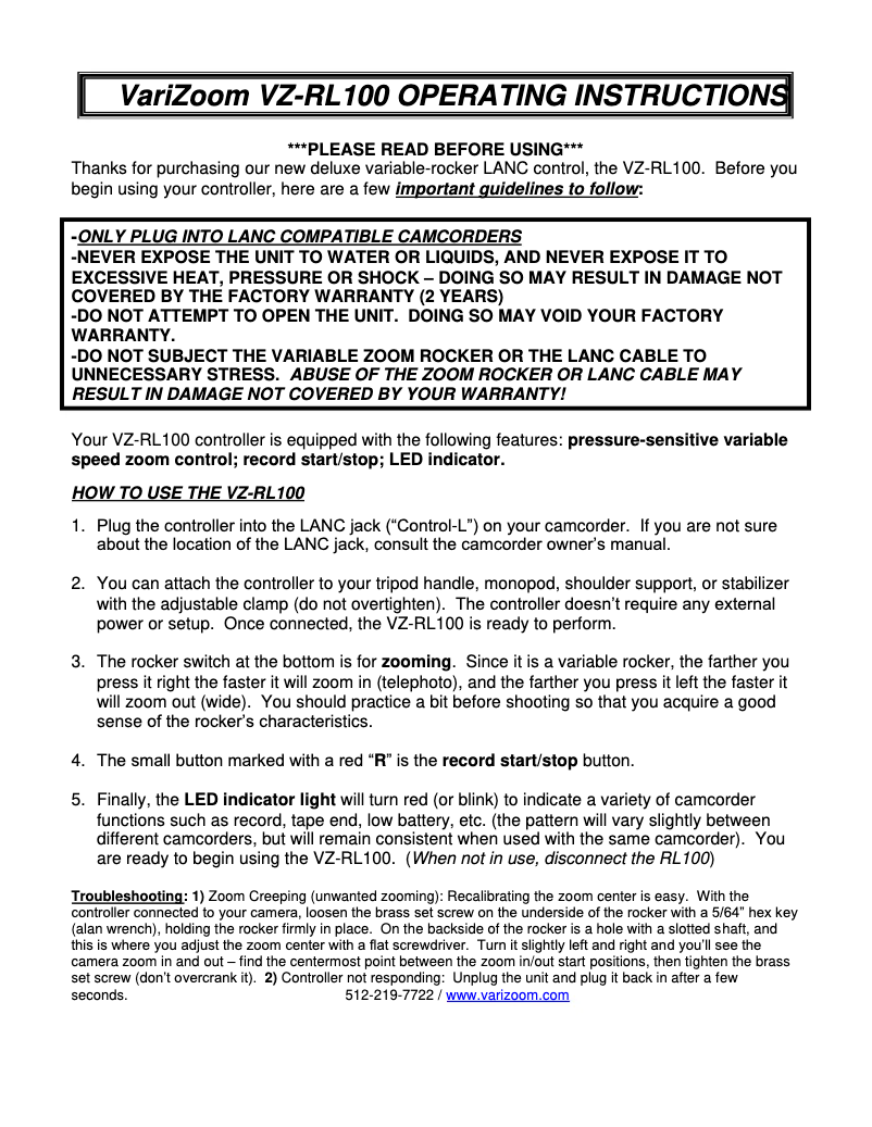 Page 1 de la notice Manuel utilisateur VariZoom VZ-R100