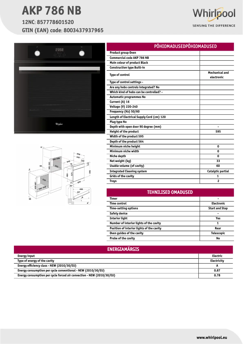 Page 1 de la notice Fiche technique Whirlpool AKP 786 NB