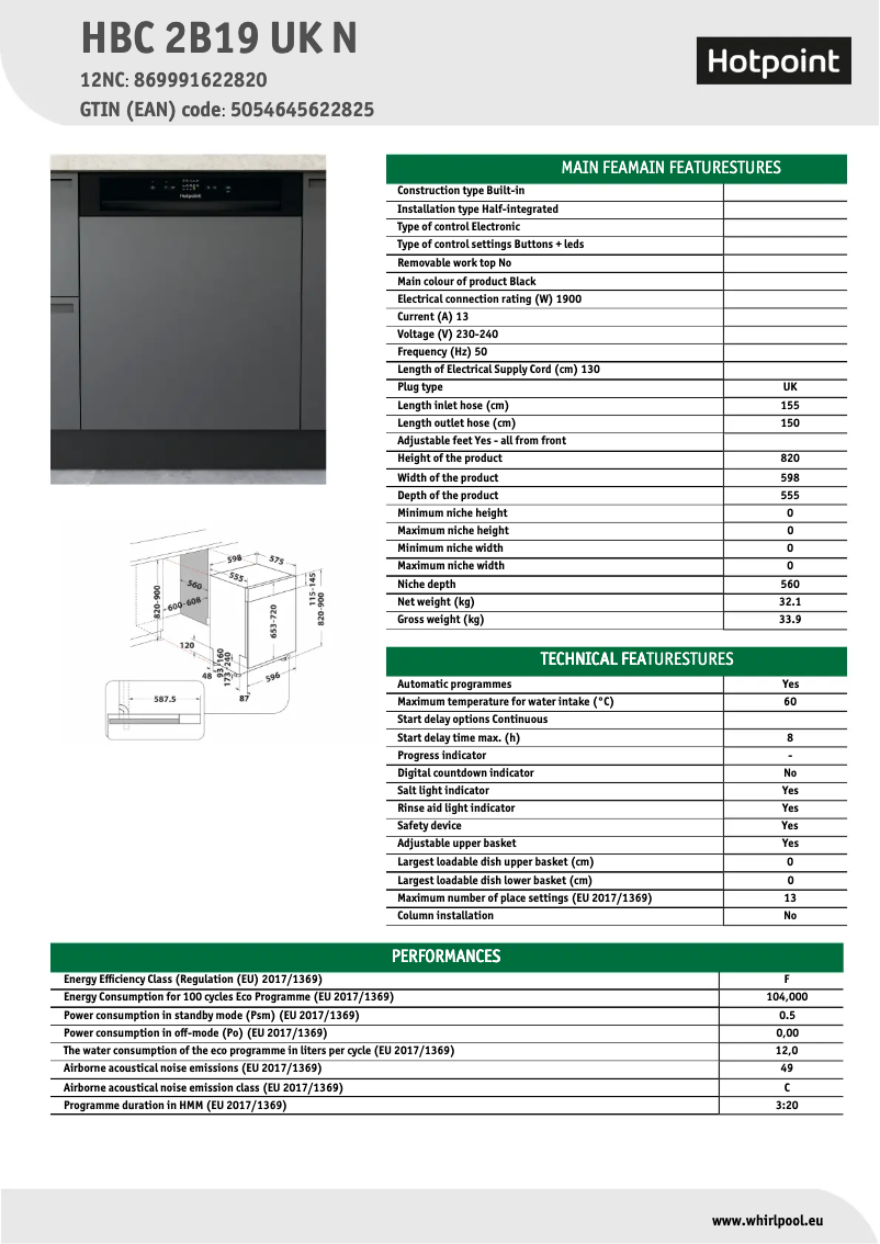 Page n°1 - Fiche technique Hotpoint HBC 2B19 UK N
