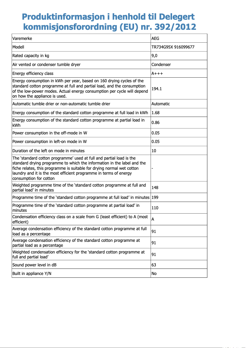 Page 1 de la notice Fiche technique AEG TR734G95X