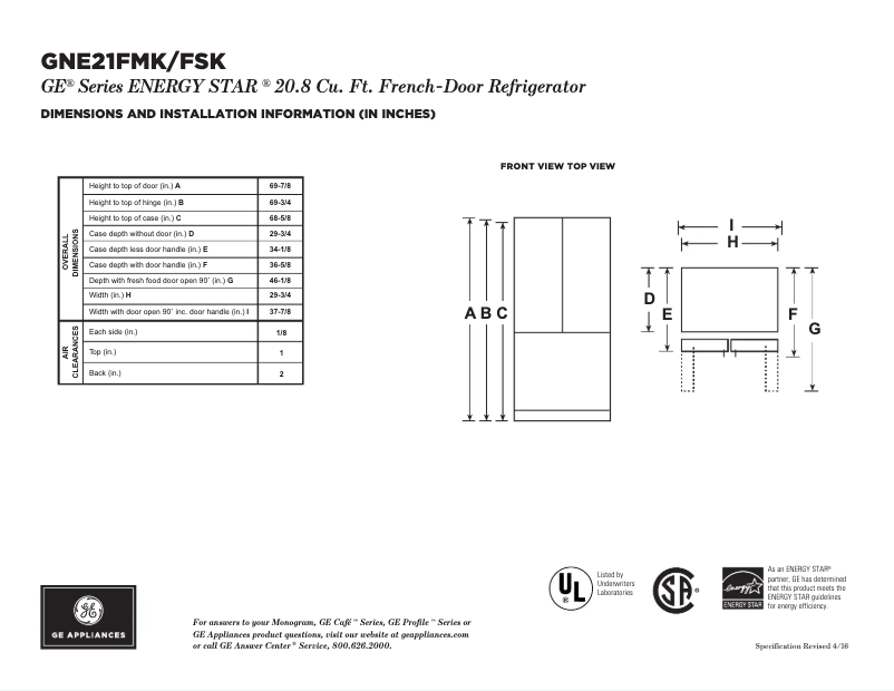 Page n°1 - Fiche technique GE GNE21FSKSS
