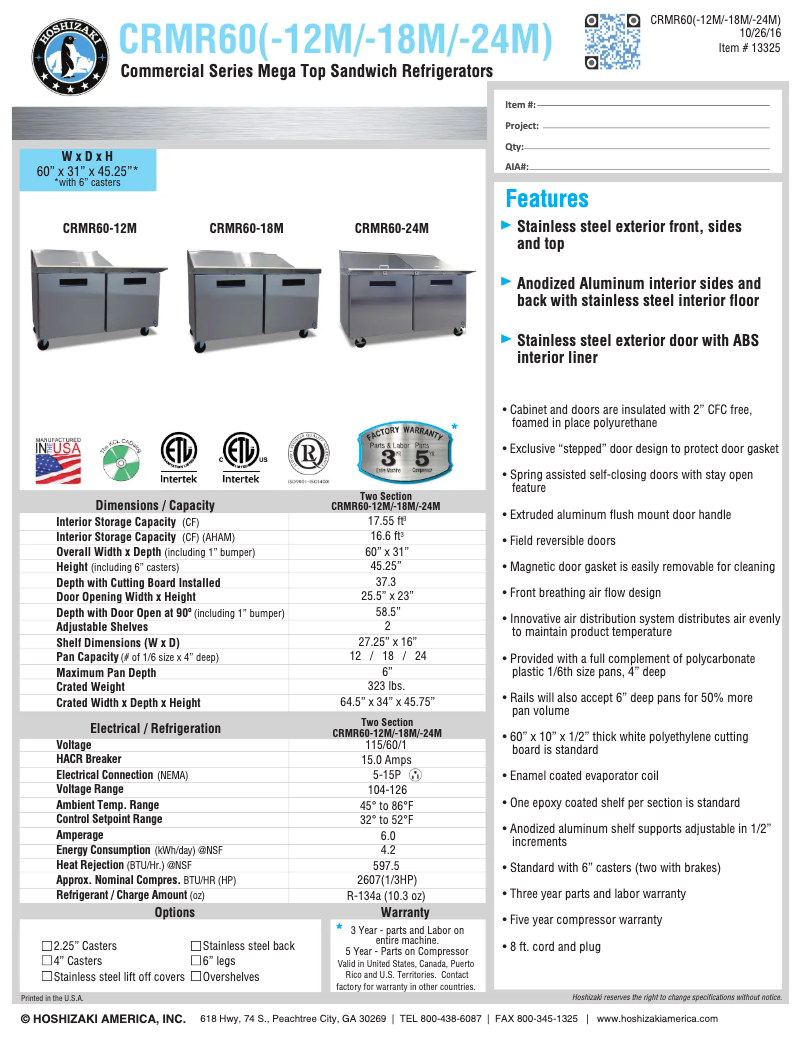 Página 1 del manual Ficha técnica Hoshizaki CRMR60-24M