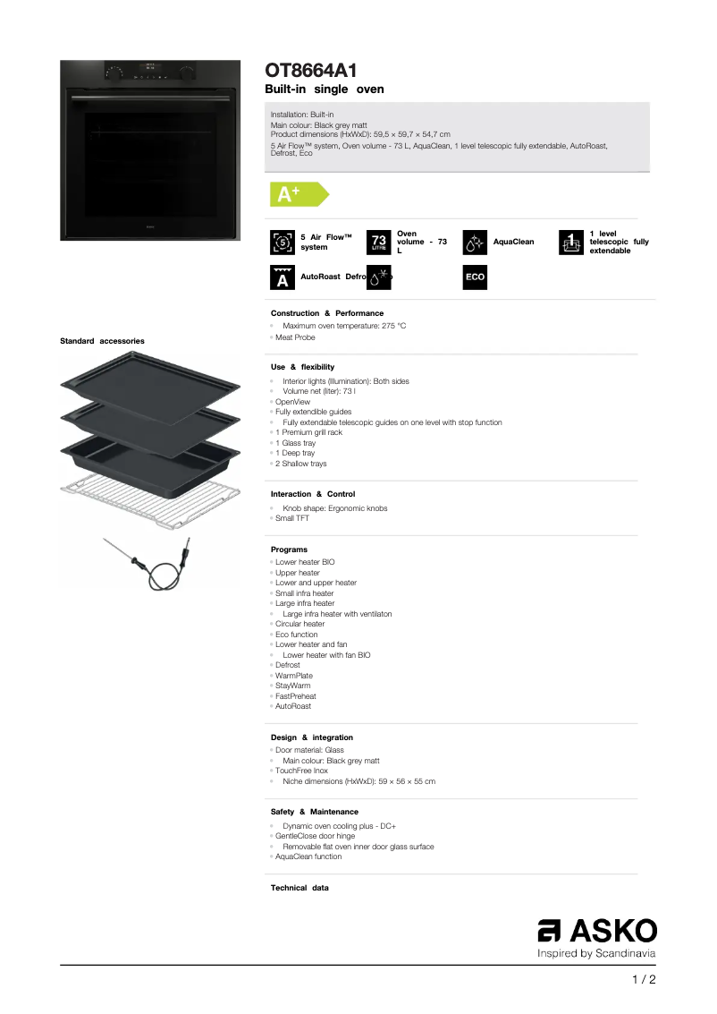 Page 1 de la notice Fiche technique Asko OT8664A1